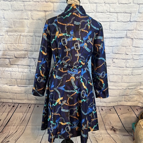 Samuel Dong Navy and Gold Patterned Trench Coat Size Small Double Zipper - Picture 6 of 12
